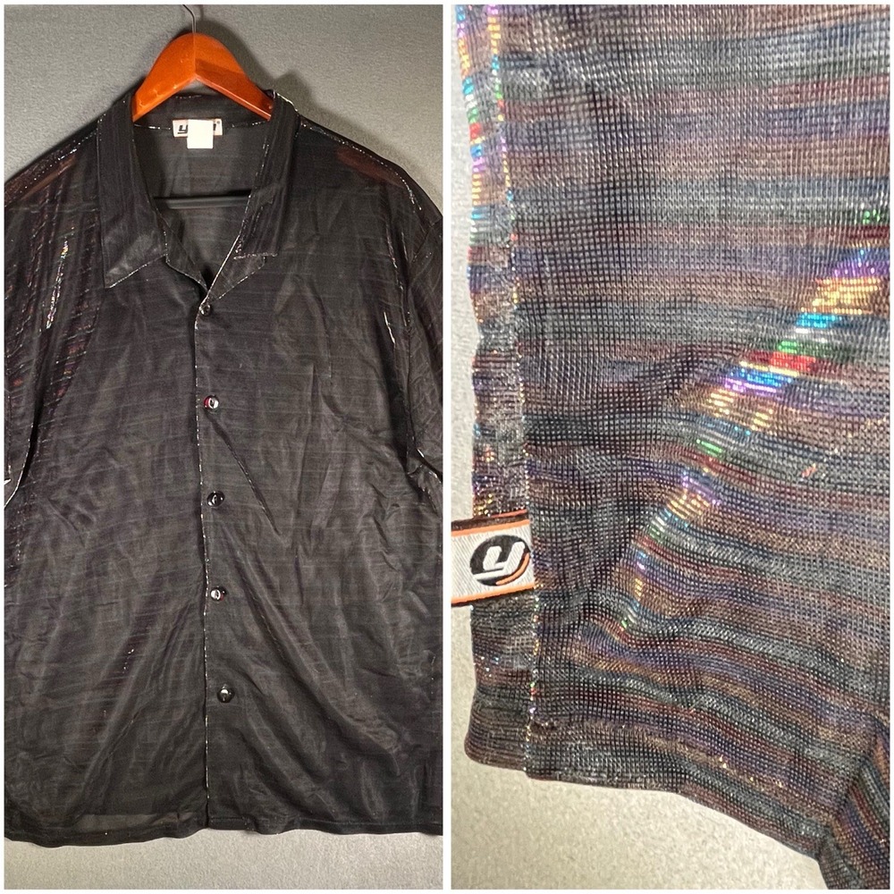 VTG YMLA Shirt L Sheer Button Up Disco Festival Club Party Retro Rainbow Stripes